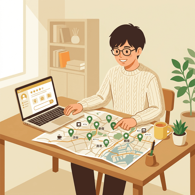 バイト体験談マップで勤務先を比較する学生のイラスト